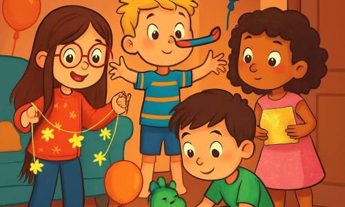 There are 4 children: Mia, a 7-year-old girl with long brown hair and round glasses, wearing a red sweater with stars and holding sparkling garlands; Max, a 7-year-old boy with messy blonde hair, wearing a colorful party hat and balancing a noisemaker on his nose; Lily, a 7-year-old girl with curly hair in a glittery pink dress, holding a shiny envelope and looking curiously; Leo, a 7-year-old boy with brown hair in a green t-shirt, crouched playing with a stuffed dragon with a balloon tied to its tail. The children are gathered in Mia's living room, decorated with colorful garlands and balloons, with twinkling lights creating a festive atmosphere. The main scene shows the children discovering a mysterious letter that slipped under the door, with shining stars on the floor inviting them to a magical adventure before midnight.