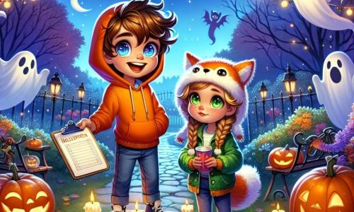 A 12-year-old boy, Max, with tousled brown hair and bright eyes full of excitement, stands on a small picnic table holding a clipboard. He wears an orange hoodie and has a wide smile, showing his enthusiasm for the Halloween party. Next to him, Lila, an 11-year-old girl with braided brown hair and a fox hat, watches with a mix of nerves and curiosity, holding a cup of cider in her hands. The scene takes place in a decorated garden filled with grinning pumpkins, white sheet ghosts floating in the wind, and twinkling lights. The sky is a deep blue, dotted with stars, while a light mist rises from the ground, adding a touch of mystery. Max, determined, announces the start of the Halloween games, ready to gather all the neighborhood children to share stories and laughter under the twinkling lights.