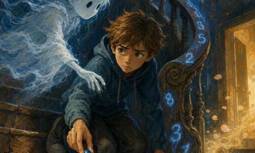A 10-year-old boy with messy light brown hair, large worried green eyes and freckles kneels on the worn last wooden step, gently placing a small shiny blue marble between his thumb and forefinger; he looks bravely but tremulously determined, brows furrowed and lips pressed. A thin child-sized ghost, translucent like white smoke with ink-drop eyes, floats just behind and to the left, slightly higher, reaching a vaporous hand toward the marble while its tattered mist coat lets blue light through. The scene is the bottom of an old spiral wooden staircase with cracked steps and a carved banister; golden dust hangs in the air and glowing blue numbers run down the rail. Moonlight from a high window and low fog lead toward a half-open door revealing a golden garden as the marble touches the step: the blue numbers fade, the door begins to open, and smoke and glowing petals spill out. Painted in textured acrylic with visible brushstrokes, contrasting icy blues and warm golds, mysterious yet gently comforting.