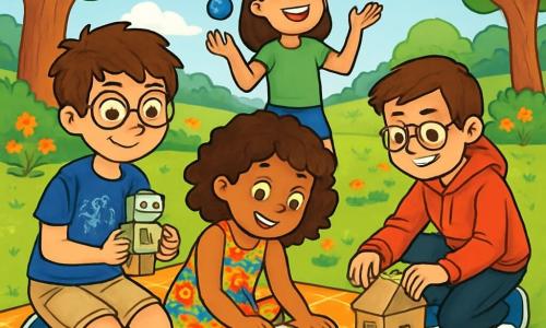 Há 4 crianças: - Lucas: um menino de 12 anos, com cabelos castanhos bagunçados e óculos redondos. Ele usa uma camiseta azul com padrões de foguetes e um short bege. Ele está sentado em uma coberta xadrez, segurando um pequeno robô de papel nas mãos. - Sofia: uma menina de 12 anos, com cabelos cacheados e muita energia. Ela usa um vestido colorido com flores e sandálias. Ela está ao lado de Lucas, desenhando em um caderno com lápis de cor. - Rita: uma menina de 12 anos, com cabelos lisos e um sorriso radiante. Ela usa uma camiseta verde e um short de jeans. Ela está em pé, fazendo malabarismos com bolas coloridas, logo atrás de Lucas e Sofia. - Daniel: um menino de 12 anos, com cabelos castanhos e óculos. Ele usa um moletom vermelho e uma calça preta. Ele está agachado ao lado da coberta, construindo uma pequena maquete com pedaços de papelão. O cenário principal é um parque verdejante, cheio de árvores majestosas com folhas brilhantes, flores coloridas e um grande gramado bem cuidado. Ao longe, há uma pequena colina e um céu azul salpicado de nuvens brancas e fofas. A cena mostra os quatro amigos criando juntos um projeto artístico, cercados por materiais de artesanato: pincéis, potes de tinta, folhas de papel e balões. Eles riem e trocam ideias, ilustrando o espírito de equipe e a alegria do verão.