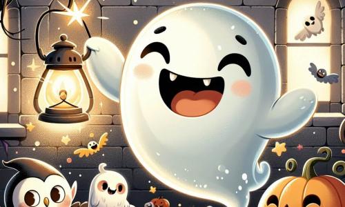 An illustration depicts a cheerful little ghost with a rounded, translucent body floating in the air with a big smile. Its sparkling eyes show happiness as it waves its small hands in celebration. Next to it is a small vampire with pointed teeth and a black cape, laughing heartily with arms raised as if dancing. A small owl with big round eyes and fluffy feathers perches on a branch, watching the scene with curiosity, wings slightly spread, ready to take flight. The setting is inside a haunted house with gray stone walls, cobwebs in the corners, and sparkling lanterns casting a soft golden light. Smiling pumpkins are scattered on the floor, adding a festive touch. The main scene shows the little ghost and its friends joyfully dancing around a glowing magic lantern, casting light sparks throughout the room. Twinkling stars float in the air, and colorful confetti gently falls, creating a festive and magical atmosphere. Friendly shadows dance on the walls, enhancing the joy of this Halloween celebration.