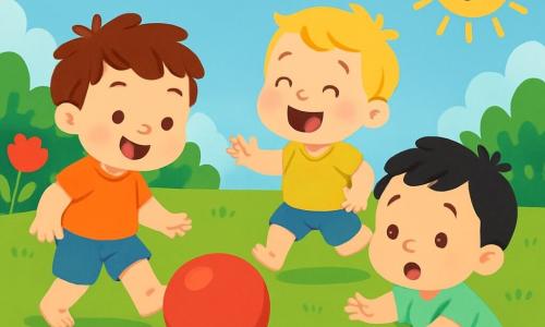Há 3 personagens: Tom, um menino de 1 ano com cabelo castanho bagunçado e um sorriso radiante, está empurrando uma bola vermelha com seu pé; Rui, um menino de 1 ano com cabelo loiro e olhos brilhantes, corre suavemente em direção à bola, rindo; Léo, um menino de 1 ano com cabelo negro e uma pequena sardinha no nariz, está sentado no chão tentando pegar a bola que lhe escapou. O local é um jardim ensolarado, cheio de flores coloridas e vegetação, com um grande gramado verde onde as crianças brincam, sob um céu azul claro com algumas nuvens brancas. A cena principal mostra os três meninos brincando juntos com a bola, todos felizes, cercados de risos e alegria, sob o suave sol do jardim.