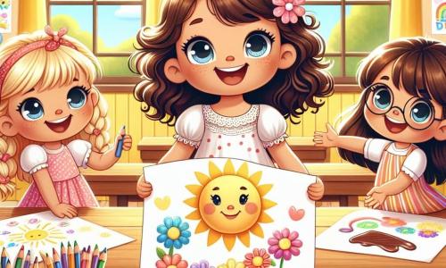 În centrul imaginii, Emma, o fetiță de 5 ani cu părul creț și ochi strălucitori, poartă o rochie albă cu buline roșii și ține un desen mare cu soare în mâini. La dreapta ei, Mia, o altă fetiță de 5 ani cu părul blond împletit și un zâmbet strălucitor, poartă o rochie roz și admiră desenul ei cu flori colorate. La stânga lui Emma, Sara, o fetiță de 5 ani cu părul castaniu drept și ochelari rotunzi, își arată cu mândrie desenul cu ciocolată. Decorul este o clasă luminoasă, cu pereți vopsiți în galben deschis, feronerie deschisă care lasă lumina soarelui să intre și desene de copii agățate peste tot. Cele trei fetițe se bucură împreună după ce au terminat desenele, înconjurate de colegii de clasă care le privesc cu admirație, creând o atmosferă veselă și prietenoasă.