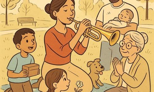 Femeie adultă, muziciană, cu față blândă și concentrată, păr brun prins în coc, zâmbitoare; ține un corn de alamă lustruit la umăr și cântă o notă lungă. Băiat (Darius), ~10 ani, păr scurt, privire uimită, ține o cutiuță cu ambele mâini, stânga muzicienei; fată (Ana), ~7 ani, două cozori, ochi mari curioși, ține o sticlă mică cu apă pentru flori, în genunchi în fața muzicienei, la dreapta. Femeie în vârstă (doamna Ruxandra), ~60 ani, bibliotecară, păr grizonat în coc jos, ochelari rotunzi, așezată pe o pătură în spatele muzicienei, aplaudă ușor. Bărbat (tată), ~30 ani, barbă subțire, ține un bebeluș adormit în brațe, stând în spatele cercului; un câine mic vesel dă din coadă la picioarele lui. Locație: parc la răsărit, iarbă ușor umedă, câteva pături și perne așezate în cerc, copaci cu frunze fine, o bancă și o alee pietruită în fundal, soarele răsare portocaliu sub blocuri. Scena: muziciana cântă o melodie blândă la corn în centrul unui cerc de vecini zâmbitori, atmosferă matinală caldă și atentă, obiecte puse ordonat (cutie de catifea pentru corn, termos pe o pătură).
