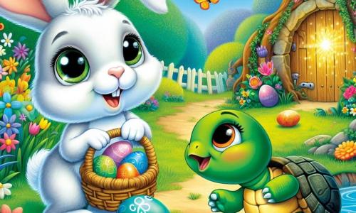 Un pequeño conejo llamado Binky, con pelaje blanco y grandes orejas, salta alegremente en un jardín colorido, con ojos brillantes de curiosidad y emoción. Lleva un pequeño sombrero de paja y sostiene una cesta llena de huevos de Pascua multicolores. A su lado, una tortuga llamada Tilly, con un caparazón verde y ojos tiernos, sonríe al mirar un huevo azul que acaba de encontrar, sentada en la hierba. Un pato llamado Pipo, con plumaje amarillo brillante y un aire juguetón, nada en un pequeño estanque cercano, agitando sus alas con entusiasmo. El jardín está lleno de flores brillantes, mariposas revoloteando y un gran árbol misterioso al fondo, donde una puerta mágica brilla levemente. La escena representa el momento en que Binky y sus amigos descubren la magia de la Pascua buscando huevos en este lugar encantador.