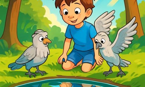 Een 12-jarig jongetje, Elias, met rommelig kastanjebruin haar en nieuwsgierige ogen, staat aan de rand van een prachtige water spiegel, zijn gezicht verlicht door een mix van verwondering en opwinding. Hij draagt een felblauw T-shirt en een spijkerbroek, zijn blote voeten raken het zachte gras. Naast hem staat een vogel met zilveren veren, met uitgespreide vleugels, klaar om op te stijgen. Zijn sprankelende en wijze ogen weerspiegelen oude kennis, en hij staat iets naar voren, alsof hij Elias naar het onbekende leidt. De plek is een betoverende open plek, omringd door majestueuze bomen met stralend groene bladeren, met zonnestralen die door de takken filteren en gouden patronen op de grond creëren. Het wateroppervlak is zo kalm dat het lijkt op gepolijst glas, dat de blauwe lucht en de donzige wolken weerspiegelt. De belangrijkste situatie toont Elias, verwonderd, die naar zijn reflectie in het water kijkt, terwijl de vogel hem uitnodigt om de wereld buiten de open plek te verkennen. De sfeer is gevuld met magie en belofte, alsof elke druppel licht een avontuur bevat om te ontdekken.