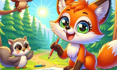 Ein kleiner Fuchs mit leuchtend orangefarbenem Fell und neugierigen, funkelnden Augen steht im Mittelpunkt der Szene und lächelt begeistert, während er stolz eine wunderschöne Zeichnung einer Waldlandschaft präsentiert, die er gerade angefertigt hat. Neben ihm beobachtet eine kleine Eule mit braunen Federn und großen runden Augen bewundernd, ihre Flügel leicht ausgebreitet, bereit, das Werk ihres Freundes zu applaudieren. Ein frecher Eichhörnchen mit grauem Fell und buschigem Schwanz steht etwas im Hintergrund, hüpft vor Aufregung und hebt die Pfoten zur Ermutigung. Die Szene spielt sich auf einer sonnigen Lichtung ab, umgeben von großen Bäumen mit glänzend grünen Blättern, unter einem hellblauen Himmel mit ein paar fluffigen weißen Wolken. Bunte Blumen bedecken den Boden und verleihen der Umgebung einen Hauch von Magie. Der kleine Fuchs präsentiert sein Bild bei einer künstlerischen Aktivität im Sommercamp, strahlend vor Stolz und Glück, während seine Freunde ihn mit Lächeln und begeisterten Rufen anfeuern.