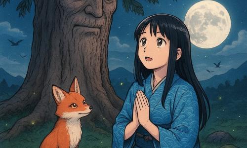 Młoda kobieta ~20 lat, czarne proste włosy do ramion, jasnoniebieskie kimono z wzorem fal, spokojna, zachwycona, siedzi u stóp starej sosny z rękami złożonymi, patrząc na drzewo; duch-renifer rudy lis, mały i zwinny, bursztynowe oczy, siedzi obok, łobuzersko i życzliwie patrząc; stary duch-sosna, masywny powykrzywiany pień z rzeźbioną twarzą i łagodnymi oczami, stoi za kobietą i dominuje scenę; polana górska o zmierzchu, mokra trawa, mchy i omszałe kamienie, srebrzysty pełny księżyc, odległe wzgórza i kilka żurawi w locie; chwila marzenia między kobietą a drzewem pod pełnią księżyca, magiczna, spokojna atmosfera, srebrzyste światło przebijające przez gałęzie, świetliki; paleta: delikatne kontrastowe kolory (granat, zielenie jodłowe, złote akcenty), szczegółowe faktury (kora, kimono, futro), czyste ekspresyjne kreski w stylu mangi, zcentralizowana, ciepła kompozycja.