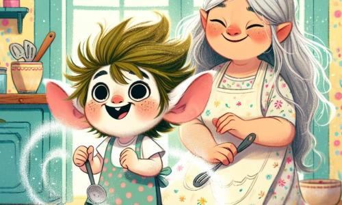 Un piccolo folletto di nome Lino, con grandi orecchie a punta e capelli verdi arruffati, danza gioiosamente in una cucina colorata, il suo viso splendente di felicità. Indossa un piccolo grembiule a pois e tiene una spatola in una mano, mentre schegge di farina volano intorno a lui, creando un'atmosfera giocosa. Accanto a lui, Mamma Luna, una dolce mamma con lunghi capelli argentati e un abito stellato, sorride teneramente, gli occhi brillanti di orgoglio e amore. È leggermente inclinata in avanti, osservando suo figlio con un'espressione divertita, le braccia incrociate sul petto. La cucina è calda e accogliente, con pareti dipinte di giallo pastello, scaffali pieni di barattoli colorati e fiori di carta appesi alle finestre, che lasciano entrare la luce del sole. In questa scena gioiosa, Lino prepara una bella torta per la festa della mamma, circondato da risate e momenti di complicità, illustrando l'amore e la creatività di un bambino per la sua mamma.