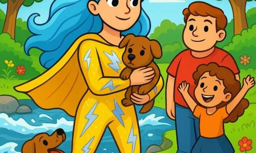 Relámpaga Azul, una mujer heroica con una larga cabellera azul cielo y un traje brillante adornado con motivos de relámpago plateados, se encuentra orgullosamente en la orilla de un río tumultuoso. Su rostro irradia determinación y coraje, sus ojos brillan con una luz intensa mientras sostiene un pequeño perro tembloroso en sus brazos. A su lado, Tico, un pequeño perro de pelaje marrón y ojos chispeantes, mira a Relámpaga Azul con gratitud, su cola moviéndose alegremente. Más lejos, Tronco Fuerte, un niño robusto de unos 10 años con gran estatura y una sonrisa dulce, observa la escena, listo para ayudar. Chispa Saltarina, una niña vivaz y rápida de unos 8 años, se encuentra a su lado, con los brazos levantados en señal de aliento, su cabello rizado ondeando al viento. El lugar es un parque verde, con majestuosos árboles y flores coloridas, pero el río cercano está agitado, con olas blancas rompiendo contra las rocas. La escena está llena de una atmósfera de tensión y esperanza, mientras Relámpaga Azul se prepara para salvar a Tico de las aguas tumultuosas.