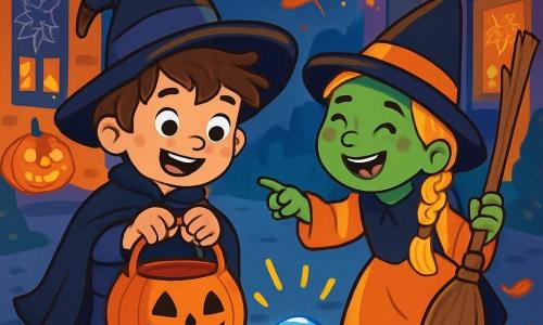 Hay 2 personajes principales: - Lucas: un niño de 8 años, con el cabello castaño desordenado y ojos brillantes. Lleva una gran capa negra y un sombrero de mago demasiado grande para él. Está a la izquierda, sosteniendo un gran bolso naranja en forma de calabaza. - Martina: una niña de 7 años, con el cabello rubio trenzado y una sonrisa en el rostro. Está disfrazada de brujita con la cara pintada de verde y una escoba vieja. Se encuentra a la derecha, riendo y señalando una piedra brillante en el suelo. La escena transcurre en una calle de Halloween, con casas decoradas con telarañas, calabazas iluminadas y luces parpadeantes en naranja y violeta. Las hojas muertas giran en el aire fresco de la noche, creando una atmósfera mágica y misteriosa. La situación principal muestra a Lucas y Martina descubriendo una piedra brillante en forma de sonrisa, entre las hojas de colores, mientras ríen juntos, rodeados de decoraciones de Halloween.