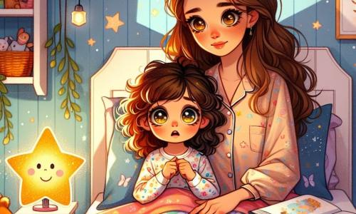 Una bambina di 2 anni, con grandi occhi brillanti e capelli ricci, è sdraiata nel suo letto. Ha un'espressione preoccupata sul viso, con le manine strette sulle lenzuola colorate. Accanto a lei, una dolce luce notturna a forma di stella illumina la stanza con un calore avvolgente. Sua madre, una donna di una trentina d'anni con lunghi capelli castani, si trova accanto al letto, offrendole un sorriso rassicurante. Indossa un pigiama morbido e tiene un libro di fiabe in mano, pronta a leggere alla figlia. La camera è decorata con pareti pastello, adornate da adesivi di farfalle e lune scintillanti. Un tappeto morbido è steso sul pavimento e giocattoli sono sparsi intorno, creando un'atmosfera accogliente e magica. La scena principale mostra la bambina che, sebbene leggermente spaventata dall'oscurità, si sente confortata dalla presenza della mamma e dalla luce stellata. Insieme condividono un momento tenero, in cui la mamma aiuta la figlia a superare la paura del buio raccontandole una storia.