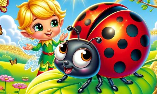 Una piccola coccinella dalle ali rosse brillanti, ornata di punti neri lucenti, si trova su una foglia verde brillante, con gli occhi spalancati dalla curiosità e dalla gioia. Sorride con entusiasmo, pronta a volare verso nuove avventure. Accanto a lei, un piccolo elfo dai capelli dorati e vestiti scintillanti, con un sorriso caloroso, la osserva con benevolenza, tenendo una bacchetta magica scintillante. Lo sfondo è un magnifico prato soleggiato, pieno di fiori colorati, farfalle svolazzanti e un grande albero di quercia maestoso, le cui rami si estendono verso il cielo blu. La scena trasmette un'atmosfera di magia e scoperta, mentre la coccinella si prepara a seguire la luce scintillante che attraversa il cielo.
