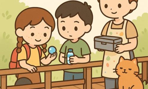 Imagine pentru ilustrarea unei povești pentru copii (stil kawaii minimal) potrivită pentru vârsta de 8 ani. O fetiță de 8 ani, cu față rotundă și pistrui, părul brun în două cozi împletite, rucsac roșu, ține o bilă albastră strălucitoare și o privește zâmbind cu curiozitate. Un băiat de circa 8 ani, păr scurt negru, tricou verde, stă lângă ea, ușor în spate la dreapta, ținând o sticlă mică de apă și privind bila. O femeie adultă de circa 30 de ani, păr șaten prins la spate, șorț cu pete de vopsea, zâmbește blând ținând o cutie metalică închisă, stând pe pod puțin mai departe ca o ghidă. Un pisoi portocaliu și pufoșel, cu coada încolăcită, stă pe balustrada podului și privește scena. Locul: un pod mic de lemn peste un pârâu îngust, pietre umezite dedesubt, iarbă și tufe cu flori galbene, lumină blândă de după-amiază, tonuri pastel, linii simple și forme rotunjite. Copiii fac o pauză liniștită să asculte pârâul și vântul: fetița ține bila care reflectă cerul, băiatul o ajută să observe, femeia ține cutia cu indicii, pisoiul veghează; atmosferă pașnică și atentă.