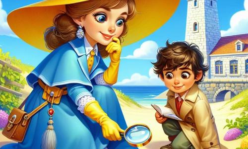 Dona Lúcia, uma mulher detetive de olhar vivo e curioso, usa um grande chapéu amarelo e um elegante casaco azul. Ela está de joelhos, examinando atentamente marcas de pés na areia com uma lupa brilhante, seu rosto iluminado pela determinação e excitação. Ao lado dela, o pequeno Pedro, um garoto de 8 anos com cabelos castanhos bagunçados, observa com olhos arregalados, segurando um pequeno caderno de anotações. Ele está em pé, ligeiramente afastado, com um sorriso entusiasmado no rosto. Ao fundo, a cena acontece no velho farol, um edifício de pedra branca que domina o mar, com paredes cobertas de hera verde e uma luz suave filtrando pelas janelas. O céu é de um azul brilhante, salpicado de nuvens brancas e fofas. A situação principal mostra Dona Lúcia e Pedro descobrindo impressões misteriosas na areia, cercados por flores coloridas e pequenos objetos espalhados, enquanto uma gaivota curiosa os observa do telhado do farol.