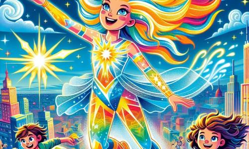 No centro da imagem, Estrela Radiante, uma super-heroína com cabelos dourados brilhantes como o sol, voa no ar com um grande sorriso no rosto, seus olhos azuis cintilando de excitação. Ela veste um traje colorido que reflete as cores vibrantes da cidade abaixo. Ao seu lado, Vento Veloz, um garoto de cerca de 10 anos com cabelos bagunçados e roupas com padrões de nuvens, corre a toda velocidade no chão, criando uma leve brisa que faz as folhas das árvores dançarem. Um pouco mais adiante, Água Cristalina, uma menina de 9 anos com cabelos longos e ondulados de cor azul, levanta os braços para fazer cair gotas d'água cintilantes que flutuam ao seu redor, iluminando a cena. O cenário é Luminópolis, uma cidade vibrante com prédios coloridos, ruas movimentadas e crianças que observam com admiração. O céu é de um azul brilhante, salpicado de nuvens brancas fofas, e a luz do sol brilha intensamente. A situação principal mostra Estrela Radiante e seus amigos em ação, unidos para salvar a cidade de um grande balão maligno que projeta sombras. Juntos, eles usam seus poderes para restaurar a luz e a alegria em Luminópolis, criando uma atmosfera de camaradagem e aventura.