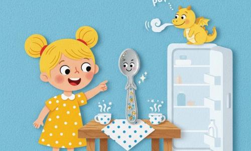 Bambina di 2 anni, gioiosa e stupita, capelli biondi in due codine, indica ridendo verso il centro del tavolo; un cucchiaino antropomorfo argentato, piccolo e lucente con manico decorato di glitter, fa un inchino sulla tovaglia vicino a una tazza; un mini drago di burro color giallo pallido, tondo e piccino, emette un lieve puf di fumo dal bordo del frigorifero aperto con sguardo malizioso; tavolo di legno chiaro coperto da una tovaglia a pois blu, tazze di latte punteggiate da stelline bianche; atmosfera fantasy umoristica, colori vivaci, texture effetto feltro, forme semplici e contorni morbidi, composizione centrata su bambina, cucchiaino e drago, espressione calda e scena giocosa.