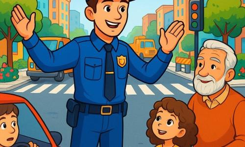 Un polițist, un bărbat de aproximativ 30 de ani, poartă un uniformă albastră și o pălărie de polițist. Fața lui este zâmbitoare și hotărâtă, cu ochi strălucitori de bunătate. El dirijează traficul la o intersecție aglomerată, ridicând brațele cu încredere pentru a ghida mașinile și pietonii. Aproape, un bunic cu părul gri și o barbă îngrijită, de aproximativ 70 de ani, ține mâna nepoatei sale, o fetiță de 7 ani cu părul creț și ochi strălucitori. Ei privesc polițistul cu admirație, bunicul zâmbind și fetița fascinată de acțiune. Intersecția este înconjurată de clădiri colorate, cu copaci verzi și flori strălucitoare pe trotuare. Camioane de construcție sunt parcate pe margine, adăugând un plus de dinamism scenei. Situația principală arată polițistul ajutând un șofer confuz să traverseze intersecția, în timp ce copiii și adulții îl observă cu recunoștință, creând o atmosferă de siguranță și comunitate.