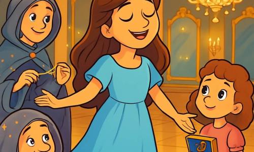A young woman named Maris, with long wavy chestnut hair, wears a light blue dress that gently floats around her. Her face is lit by a soft, dreamy smile, and her eyes shine with determination. She stands in the center of a grand ballroom, surrounded by sparkling mirrors and crystal chandeliers that cast a golden light. To her right, an 8-year-old girl with curly hair and a pink dress looks at Maris with admiration, holding a small music box in her hands, her eyes sparkling with hope. On the left, an elderly woman, the weaver of fate, dressed in a gray cloak sprinkled with stars, observes the scene with a kind smile, her nimble fingers weaving threads of light. The venue is a majestic ballroom, with gilded walls and delicate frescoes, and a polished marble floor that reflects the light from the chandeliers. Shadows dance in the corners, creating a magical atmosphere. The main scene shows Maris softly singing a soothing melody to awaken a forgotten voice, while the little girl listens attentively, ready to remember the lost words. The scene is filled with sweetness and magic, capturing the essence of a fairy tale.