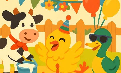 Una gallina alegre, con plumas amarillas brillantes y un pequeño sombrero colorido, baila con entusiasmo en el centro de un gran puesto de fiesta. Sus ojos brillan de felicidad y su pico está abierto en una gran sonrisa. A su derecha, un pato con plumas verdes y amarillas, que lleva gafas de sol, sostiene globos coloridos que flotan en el aire. A su izquierda, una vaca blanca y negra, con un lazo rojo alrededor del cuello, vierte leche en un gran cubo sonriendo. Al fondo, un bonito corral de madera está decorado con guirnaldas de flores y globos coloridos, mientras que los rayos del sol iluminan la escena. La gallina y sus amigos celebran una fiesta alegre, rodeados de pasteles y risas, en un ambiente festivo y colorido.