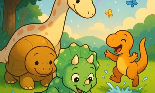 Um pequeno tricératops alegre e maravilhado, pele verde-tenra com manchas amarelo-pálido e três chifres curtos, olhos grandes e brilhantes, sorrindo e sentado numa touceira de relva molhada bebendo numa pequena poça; Dina, dinossauro de pescoço longo e gracioso, pele creme com manchas salmão, inclinada atrás de Tico para dar sombra com o pescoço; Lilo, dinossauro minúsculo e saltitante, pele laranja vivo, patas no ar a salpicar uma poça à direita; Tuga, grande e redondo com carapaça lisa castanho-dourada, calmo à esquerda com olhar meigo e pata tocando o chão; local na borda de uma floresta densa com troncos castanhos, relva brilhante, pequenas flores azuis e poças refletoras, gotas de chuva nas folhas, luz suave de fim de tarde e arco-íris baixo atrás das colinas; cena de quatro amigos dinossauros reunidos após chuva leve, brincando na relva molhada com atmosfera calorosa e expressões de amizade; estilo desenho animado 2D simples e arredondado, traços nítidos, cores saturadas e texturas suaves, adequado para crianças de 4 anos.