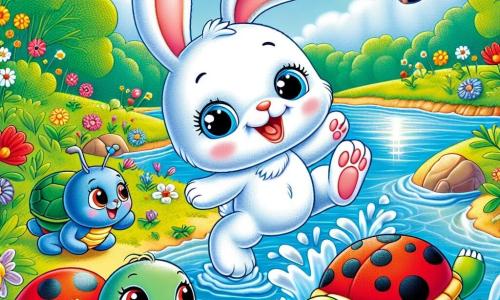 A little rabbit named Benny, with soft white fur, big ears, and sparkling eyes, jumps into the river laughing and splashing around. Next to him, Lucy the ladybug, with her red wings and black dots, joyfully flies above the water, smiling widely, while Timmy the turtle, with his green shell and peaceful expression, slowly moves through the water, enjoying the moment. The scene takes place by a sparkling river, surrounded by lush greenery, colorful flowers, and a blue sky dotted with fluffy white clouds. Benny and his friends have fun together, playing in the water and sharing a picnic on the grass, enjoying a beautiful summer day filled with laughter and friendship.