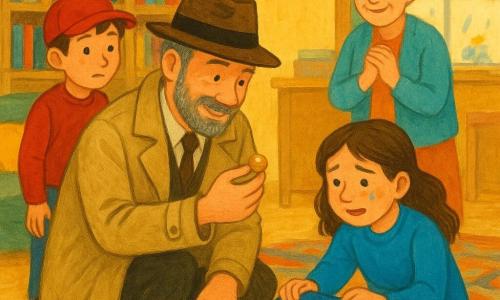 Een vijftigerjarige mannelijke detective, glimlachend maar geconcentreerd, grijs baardje, bruine fedora en beige kreukelige trenchcoat, knielend bij een lage tafel en een glanzende kleine knoop in de hand houdend; een 10-jarige jongen (Sam) met rode pet en verlegen blik staat links achter de detective en bekijkt de aanwijzingen; een 8-jarig meisje (Noor) in felblauwe trui met opgedroogde traanvlekken hurkt bij een grote tafel en toont een kleine blauwe sacoche die onder de tafel is gevonden; een vrouwelijke bibliothecaresse van circa 50 met grijs haar in een knot en ronde bril staat achter de balie met gevouwen handen, opgelucht en blij; binnenin een gezellige bibliotheek met houten kasten vol gekleurde boeken, een patroonkleed, een kinderhoek met kussens en tafeltje en zacht licht door een grote regenraam; situatie: vreugdevolle vondst van de sacoche, aanwijzingen op de vloer (kleine moddersporen, een knoop), uitingen van samenwerking en opluchting, warme, lichte compositie in pastelgouache.