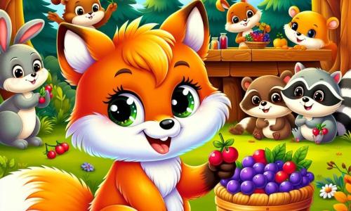 An illustration depicts a young fox with bright orange fur, a bushy tail, and sparkling curious eyes. It sits on the grass, smiling broadly while sharing colorful berries with its friends. Next to it, a small raccoon with gray fur and mask-like eyes holds a basket filled with berries, leaning slightly forward to offer one to its friend. In the background, a group of animals, including a white-eared rabbit, a lively brown squirrel, and a wise brown-feathered owl, watch with encouraging smiles around a large wooden table adorned with colorful fruits and vegetables. The main setting is a sunny clearing surrounded by majestic trees with vibrant green leaves and bright wildflowers, creating a warm and welcoming atmosphere. The scene captures the animals celebrating their friendship and differences during a joyful festival, sharing stories and dishes from their diverse backgrounds, illustrating themes of tolerance and acceptance. Colorful garlands and lanterns float in the air, adding a festive touch to this lively and harmonious scene.