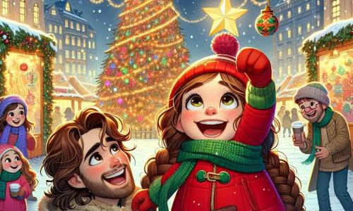 In the center of the image, a 7-year-old girl, Lily, with long braided brown hair, is wearing a bright red coat and a green scarf. Her face radiates joy and excitement as she holds a pretty star-shaped ornament, ready to hang it on a large Christmas tree decorated with sparkling garlands and colorful lights. Next to her, her mother, a woman about 35 with curly brown hair, smiles tenderly while holding a cup of hot chocolate, standing slightly back to admire her daughter. Her father, a man around 38 with a brown beard, is crouched beside them, laughing and taking a photo with his phone, capturing this magical moment. The setting is a lively Christmas market filled with colorful stalls, twinkling lights, and gently falling snowflakes. Children play around a large snowman while families gather near a crackling fire. The main scene shows Lily, full of enthusiasm, ready to hang her ornament on the tree, surrounded by her family and the festive spirit of Christmas, illustrating the magic and joy of this special time.