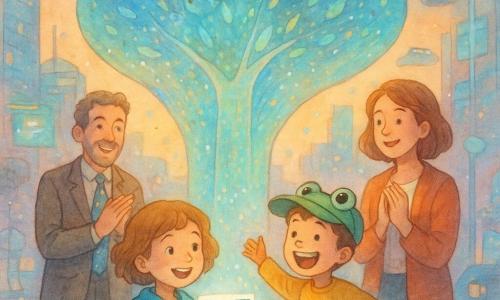 Milla, bambina di 8 anni, sorridente e meravigliata, capelli corti e ricci castano chiaro, indossa una giacca cangiante blu-verde e tiene un QR code luminoso che posa su un grande schermo ad albero; postura sicura, sguardo vivace. Nando, ragazzo di circa 8 anni con visiera verde a forma di rana, ride e salta accanto a lei mostrando il QR code con entusiasmo. Il professor Leo, uomo intorno ai 40 anni con cravatta animata da micro-schermi, applaude sullo sfondo con aria benevola e divertita. La madre di Milla, circa 35 anni, è vicino a loro sorridente e orgogliosa con le mani sul petto. La scena è una piazza urbana futuristica con pavimenti translucidi, piccoli taxi volanti, facciate di vetro, pali d'aria e pannelli olografici; al centro l'Albero delle Storie è uno schermo flessibile a forma di albero con texture luminose iridescenti e piccole foglie digitali che brillano. Atmosfera: tardo pomeriggio dorato misto a neon pastello, bambini che ridono, coriandoli di luce e sottili gocce ad acquerello nell'aria per un effetto onirico.