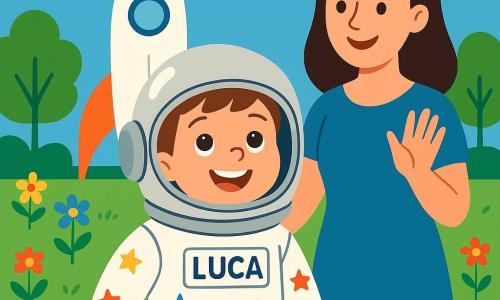 Un giovane ragazzo di 7 anni di nome Luca indossa un grande casco d'astronauta argentato e una tuta spaziale bianca con stelle colorate. Il suo viso è pieno di eccitazione e curiosità, con gli occhi brillanti rivolti verso il cielo. Accanto a lui, sua madre, una donna di circa trent'anni con capelli castani e vestita con un abito blu, sorride calorosamente e gli fa un segno di saluto, piena di orgoglio. La scena si svolge su un ampio campo di lancio, con un grande shuttle brillante sullo sfondo, circondato da fiori colorati e alberi verdi. Il cielo è di un blu intenso, punteggiato da alcune nuvole bianche e soffici. Luca è davanti allo shuttle, pronto a imbarcarsi per un'incredibile avventura tra le stelle, con un grande sorriso sul volto, pieno di entusiasmo e impazienza.
