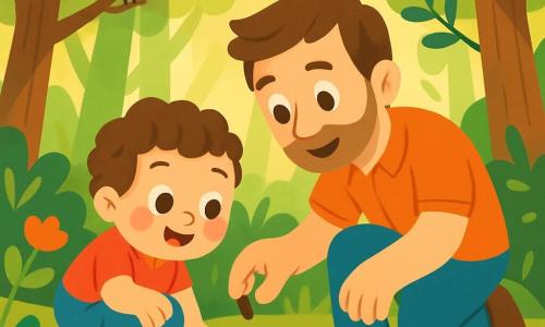 Um menino de 2 anos, com cabelos castanhos e cacheados, e grandes olhos brilhantes de curiosidade, está agachado em uma floresta verdejante. Ele sorri alegremente, com as bochechas rosadas iluminadas pelo sol. Ao seu lado, seu pai, um homem na casa dos trinta anos, com cabelos castanhos e uma leve barba, se inclina para lhe mostrar uma pequena semente. Eles estão cercados por flores coloridas e folhas brilhantes, criando uma atmosfera alegre e vibrante. A floresta é densa, com árvores majestosas e troncos grossos, e raios de sol que penetram através da folhagem, iluminando o solo coberto de musgo macio. Pássaros cantam nos galhos, adicionando uma melodia suave a essa cena pacífica. O menino e seu pai estão plantando uma semente em um pequeno buraco que cavaram juntos, cheios de excitação e amor pela natureza.