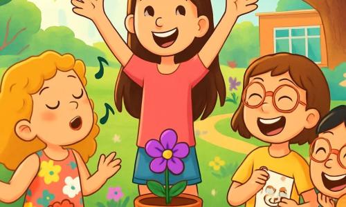 Hay 4 niños: - Martina: Una niña de 9 años, alta y esbelta, con cabello largo y castaño, lleva una camiseta rosa y un pantalón corto de mezclilla. Está en el centro, sonriendo y levantando los brazos como para animar su planta. - Lucía: Una niña de 8 años, con cabello rizado y dorado, lleva un vestido de flores coloridas. Está a la izquierda de Martina, cantando alegremente mientras mira la planta. - Carla: Una niña de 9 años, con gafas rojas, cabello corto y castaño. Está a la derecha de Martina, riendo y sosteniendo un pequeño papel con un dibujo de un gato. - Sofía: Una niña de 8 años, con cabello liso y negro, lleva una camiseta azul y pantalones verdes. Está ligeramente atrás, observando la planta con una dulce sonrisa, con las manos en las mejillas. El lugar es un jardín escolar soleado, lleno de flores coloridas y árboles majestuosos. El suelo está cubierto de hierba verde y fresca, y una gran mesa de madera está decorada con macetas. Al fondo, se pueden ver otros niños jugando y riendo, añadiendo un ambiente alegre a la escena. La situación principal muestra a los cuatro amigos reunidos alrededor de su pequeña planta, que acaba de florecer con una bonita flor violeta. Expresan su alegría y orgullo, cantando juntos y celebrando su amistad, mientras los rayos de sol iluminan sus rostros, creando una atmósfera cálida y festiva.