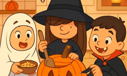 Ci sono 3 personaggi: - Luna: una ragazza di 8 anni con lunghi capelli castani, che indossa un grande cappello da strega nero che le copre gli occhi. È in piedi al centro, tenendo un grande cucchiaio di legno. - Gino: un ragazzo di 7 anni, vestito da fantasma con un lenzuolo bianco che fluttua intorno a lui. Si trova a sinistra di Luna, tenendo una piccola ciotola piena di semi di zucca. - Filippo: un ragazzo di 8 anni, travestito da vampiro con un mantello nero e denti di cartone. È a destra di Luna, con un grande sorriso, tenendo un pennarello per disegnare sulla zucca. La scena si svolge in una cucina calda e accogliente, decorata con ghirlande di foglie d'autunno e piccole lanterne scintillanti. Su un tavolo di legno è posata un'enorme zucca arancione, circondata da caramelle colorate e piccoli utensili da cucina. La luce soffusa delle candele crea un'atmosfera magica e misteriosa. I tre amici stanno intagliando la zucca per Halloween, ridendo e divertendosi insieme. Luna infila la mano nella zucca, mentre Gino finge di piangere con uno dei semi, e Filippo disegna una grande bocca sorridente sulla zucca. I volti dei bambini sono illuminati dalla luce della candela, riflettendo la loro gioia e creatività.