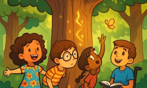 Hay 4 niños: - Lucía: una niña de 10 años, con cabello rizado y un vestido colorido adornado con flores. Sonríe alegremente, con los brazos abiertos, como si estuviera dando la bienvenida a una nueva aventura. - Martín: un niño de 11 años, con gafas redondas y una camiseta a rayas. Se inclina hacia adelante, observando atentamente el gran árbol, con los ojos brillantes de curiosidad. - Sofía: una niña de 9 años, pequeña y activa, con trenzas y un short de mezclilla. Se pone de puntillas, tratando de atrapar una mariposa dorada que vuela a su alrededor. - Pablo: un niño de 12 años, sentado en una silla de ruedas, con una sonrisa cálida y una camiseta azul. Mira a sus amigos con orgullo, sosteniendo un libro abierto sobre sus piernas. El lugar donde ocurre la situación principal es un viejo bosque encantado, lleno de árboles majestuosos con troncos gruesos y hojas de un verde brillante. En el centro, se alza un árbol gigantesco, cuyas ramas se extienden hacia el cielo como brazos acogedores. Runas luminosas brillan en su tronco, creando una atmósfera mágica, mientras una suave luz dorada filtra a través de las hojas. La situación principal de la historia muestra a los cuatro amigos reunidos alrededor del árbol, fascinados por la mariposa dorada que vuela a su alrededor. Están a punto de enfrentar un desafío mágico, cada uno expresando una emoción diferente: curiosidad, emoción y determinación.