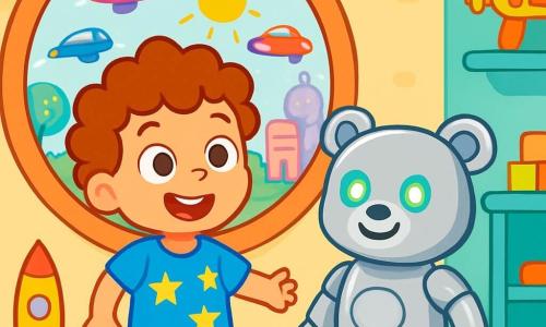 Um menino de 4 anos, Leo, com cabelos cacheados e olhos brilhantes de curiosidade, está em frente a uma janela redonda, com um grande sorriso no rosto. Ele usa uma camiseta azul vibrante com estrelas amarelas e um short vermelho. Ao seu lado, seu amigo, um ursinho de pelúcia robotizado chamado Pipoca, tem um corpo prateado brilhante e olhos luminosos que piscam alegremente. A cena acontece no quarto de Leo, cheio de brinquedos futuristas e paredes em cores pastel. Do lado de fora da janela, vê-se uma cidade futurista com carros voadores coloridos, árvores cintilantes e edifícios com formas estranhas que parecem dançar sob o sol. A situação principal mostra Leo, animado e curioso, aguardando ansiosamente a chegada do Robô Sorridente, que vai transformar seu dia em uma aventura incrível.