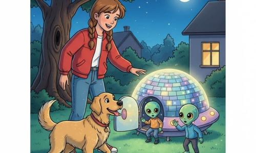 Luna, een 12-jarig meisje met lichtbruin haar in twee vlechten en een rode jas met jeans, glimlacht verwonderd en reikt naar een klein rond lichtgevend ruimteschip op het gazon; haar middelgrote golden retriever Max kwispelt blij aan haar voeten terwijl twee kleine vriendelijke buitenaardse wezens met iriserende blauwgroene huid en gouden ogen, hun kleding van kleur veranderend, uit de deur van het schip stappen en één de hand opsteekt als groet; scène: een rustige magische avond in een voorstadstuin met glanzend groen gras, een oude knoestige boom links, een huis met een verlicht raam, een sterrenhemel en volle maan, het schip straalt zachte meerkleurige lichten en een warme ontdekkingssfeer uit.