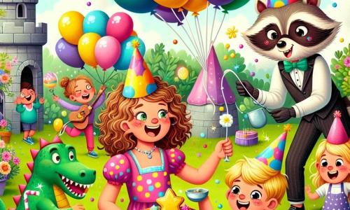 A 12-year-old girl named Mila, with curly brown hair and sparkling eyes, wears a colorful polka dot dress and smiles widely while holding a large star-shaped pancake. Next to her, her 6-year-old little brother Leo, with messy blonde hair and a large party hat slipping over his eyes, laughs as he tries to catch a balloon. Their mother, a smiling woman around 35, stands by the table pouring syrup over a stack of pancakes, surrounded by colorful decorations. The scene takes place in a sunny garden filled with floating multicolored balloons, featuring a dragon-shaped bouncy castle and a table decorated with cupcakes and sparkling lemonade. Mila, surrounded by her friends, is amazed by the sudden appearance of a talking raccoon in a costume, who bows amusingly, adding a touch of magic to her birthday party.