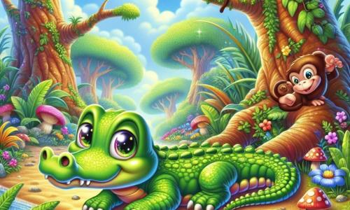 Um crocodilo fofo e curioso, com uma pele verde brilhante e grandes olhos redondos e brilhantes, observa com determinação a paisagem à sua frente. Ele está na margem de um riacho cintilante, com suas pequenas patas apoiadas no solo arenoso, pronto para partir em uma aventura. Ao seu lado, uma pequena borboleta de asas multicoloridas, Lila, voa alegremente ao seu redor, enquanto um macaco travesso, Tito, de pelos marrons e olhos travessos, sobe em um galho logo acima deles, sorrindo e incentivando seu amigo. O cenário é uma floresta encantada, com árvores majestosas de troncos grossos e folhas verdes brilhantes, enquanto flores coloridas e cogumelos de formas estranhas salpicam o chão. O céu é de um azul vibrante, salpicado de nuvens fofas. A situação principal mostra Croco, Lila e Tito diante de uma encruzilhada misteriosa, onde três caminhos se apresentam a eles: um caminho ladeado por árvores falantes, outro repleto de flores cantantes e um túnel intrigante de bambus, enquanto se preparam para escolher sua próxima aventura.