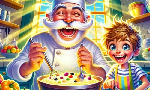 In a bright and colorful kitchen, a cheerful chef in his fifties with a large white mustache and a tall chef's hat mixes cake batter in a large bowl. His face radiates happiness and excitement as he adds colorful fruits to the mixture. Next to him, an 8-year-old boy named Timmy, with messy brown hair and a striped apron, cuts strawberries with a big smile, his eyes shining with enthusiasm as he admires the chef. The kitchen is filled with pots and pans, featuring bright yellow walls and shelves overflowing with fresh fruits. Sunlight streams through the window, illuminating the scene with a warm and welcoming glow. The main focus shows the chef and Timmy joyfully preparing a beautiful fruit cake together, ready to share their delicious creation with friends.