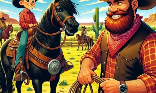 Cowboy Sam, een man van in de dertig, draagt een grote cowboyhoed, een rood geruit shirt en een leren vest. Hij heeft een warme glimlach en sprankelende ogen vol vastberadenheid terwijl hij trots op zijn paard Bliksem staat, een prachtig zwart paard met glanzende manen. Naast hem staat een grote man met een rode baard, ongeveer veertig jaar oud, gekleed in een katoenen shirt en een bandana om zijn nek. Hij glimlacht vriendelijk en steekt zijn hand op als groet terwijl hij bij het kampvuur staat, omringd door andere cowboys. De achtergrond is een uitgestrekte zonovergoten prairie met golvende heuvels aan de horizon en verspreide cactussen. De lucht is helderblauw met een paar donzige witte wolken. De belangrijkste situatie toont Cowboy Sam die de grote man met de baard uitdaagt voor een lasso-wedstrijd, beiden geconcentreerd en klaar om hun touwen naar houten doelen te gooien, terwijl de andere cowboys hen enthousiast aanmoedigen.