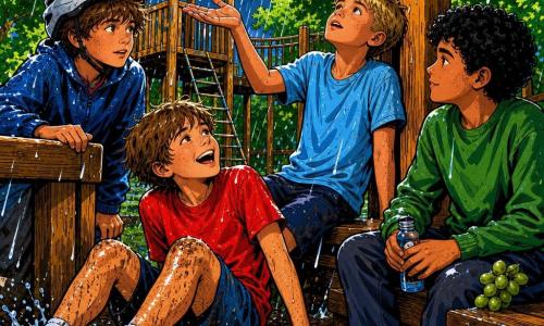 Er zijn vier jongens van 11 jaar: Milan (bruine warrige haren, wit fietshelm, aandachtig, handen op de houten reling, links bij de ingang van het schuilhok), Finn (korte blonde haren, lichtblauw T‑shirt, beschermende houding, kijkt naar de lucht en steekt een hand naar buiten, midden‑rechts tegen een balk), Daan (lichtbruin haar, rood T‑shirt, giechelend, met natte benen na in een plas te zijn gesprongen, voor het schuilhok iets voor de groep) en Youssef (zwarte krullen, groene trui, zit rustig op een bank onder het schuilhok met een flesje en wat druiven, rechts), op een volledig houten speelplaats tussen grote loofbomen met planken, gegroefde balken, uitkijktoren en plankbrug, modderige grond met reflecterende plassen, bladeren en glinsterende druppels; er valt een zomerse hoosregen in gordijnen, de kinderen zitten dicht bij elkaar onder het houten schuilhok met natte kleding en zichtbare druppels, kleurechte reflecties in de plassen en een contrastrijke popartachtige lichtsfeer.