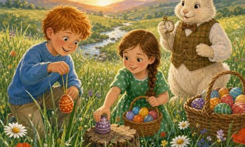 A smiling 10-year-old boy with strawberry-blond hair and freckles in a sky-blue sweater and canvas pants hangs a red-and-yellow painted egg in tall grass while a joyful 10-year-old girl with braided brown hair in a green polka-dot dress places an egg from a wicker basket of multicolored eggs on a nearby stump; a gentle, large Easter Bunny with cream fur and a brown checked vest watches affectionately from behind, holding a gold pocket watch with an overflowing basket of eggs beside him, all in a dewy sunrise meadow of tall grass, daisies and poppies, a glinting stream and rolling hills, the scene bright and playful with saturated colors and thick gouache-like textures.