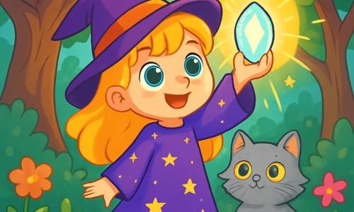 A small witch named Lily, with shining golden hair and sparkling emerald eyes, stands at the center of the image, a determined smile on her face. She wears a purple dress adorned with sparkling stars and holds a glowing crystal in her hands, radiating soft light. Beside her, her cat Whiskers, a fluffy gray feline, curiously watches with his big round eyes fixed on the crystal. In the background, the enchanted forest stretches majestically, with gigantic trees and vibrant green leaves that seem to whisper secrets. Colorful flowers dance in the wind, adding a touch of magic to the atmosphere. The main scene shows Lily raising the crystal to the sky, surrounded by a bright glow as she casts a spell to break the curse of forgotten birthdays. The ambiance is filled with wonder and hope, with sparkling light shimmering around them.