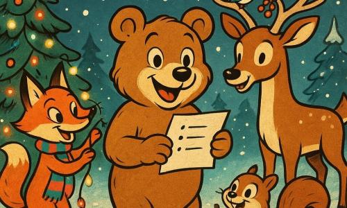 Um urso marrom chamado Bruno, com pelagem dourada e um sorriso caloroso, está no centro de uma clareira coberta de neve. Ele segura um pedaço de papel com uma lista de desejos, seus olhos brilham de alegria. À sua direita, um pequeno esquilo chamado Tobias, com uma cauda peluda e olhos vivos, salta de alegria segurando uma noz. À esquerda de Bruno, uma raposa ruiva chamada Lia, com olhos travessos e um cachecol colorido, pendura luzes cintilantes em uma árvore. Atrás deles, um cervo chamado Max, com grandes galhadas majestosas, compartilha frutas com pássaros pousados em seus chifres. A clareira é cercada por grandes pinheiros cobertos de neve, iluminados por guirlandas de luzes multicoloridas. A atmosfera é festiva e acolhedora, com flocos de neve caindo suavemente do céu estrelado.