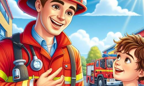 Een brandweerman, Jan, staat in het midden van de afbeelding, trots glimlachend. Hij draagt zijn felrode uniform, met een glanzende helm en een gereedschapsriem. Zijn ogen stralen van opwinding terwijl hij een jonge jongen, Tim, van ongeveer 10 jaar, uitleg geeft die aandachtig luistert. Tim heeft rommelig bruin haar en draagt een blauwe t-shirt met een brandweervoertuiglogo. Hij staat naast Jan, met grote ogen, en hangt aan zijn lippen.

Op de achtergrond is een kleurrijke brandweerkazerne te zien, met rode brandweerwagens geparkeerd en brandbestrijdingsgereedschap aan de muren. De lucht is blauw met enkele witte wolken, en de zon schijnt, wat een warme en vriendelijke sfeer creëert.

De hoofdscène toont Jan die zijn ervaringen als brandweerman deelt met Tim, die ervan droomt om op een dag brandweerman te worden. De afbeelding vangt de enthousiasme en inspiratie, met levendige en vrolijke details die de geest van avontuur en samenwerking oproepen.