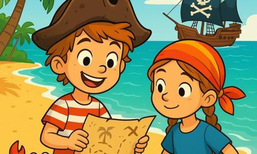 Kacper, młody pirat z rozwianymi włosami i promiennym uśmiechem, stoi na złotej plaży, jego oczy błyszczą z ekscytacji. Ma na sobie zużyty kapelusz piracki i w paski koszulę, trzymając w rękach mapę skarbów, gotowy do przygody. Obok niego Marysia, dziesięcioletnia dziewczynka z warkoczami i kolorowym bandaną, uważnie przygląda się mapie, jej twarz promienieje ciekawością. Mały krab o imieniu Szponik, z jaskrawoczerwoną skorupą, stoi na kamieniu, unosząc szczypce, jakby zachęcał Kacpra. Tło stanowi słoneczna plaża, otoczona zielonymi palmami i turkusowymi falami delikatnie rozbijającymi się o piasek. W oddali majestatycznie wznosi się wielki statek piracki 