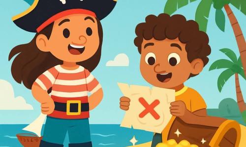 Uma jovem pirata, Marina, está orgulhosamente em uma praia dourada, com seus longos cabelos castanhos ao vento. Ela usa um chapéu de pirata decorado com uma pena colorida e uma camisa listrada, com um sorriso radiante de alegria e excitação no rosto. Ao seu lado, seu amigo Carlos, um garoto de dez anos com cabelos cacheados e olhos brilhantes, segura um mapa do tesouro, olhando maravilhado para o grande X vermelho no papel. Ao fundo, o barco 