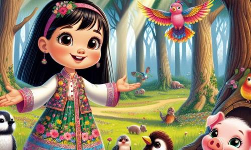 No centro da imagem, Branca de Neve, uma menina de cerca de 10 anos, sorri radiante. Ela tem cabelos negros como ébano, pele branca e veste um vestido colorido com padrões florais, simbolizando seu amor pela natureza. Ela estende a mão para um grupo de animais da floresta, demonstrando sua bondade e conexão com eles. À sua direita, um pequeno porquinho rosa, curioso e alegre, observa Branca de Neve com olhos brilhantes. À sua esquerda, uma pequena gralha com penas brilhantes observa a cena, pronta para voar. No fundo, a floresta encantada se estende, com árvores majestosas e folhas verdes. Flores multicoloridas cobrem o chão, e um suave raio de sol filtra pelas folhas, criando uma atmosfera mágica. A cena principal mostra Branca de Neve interagindo alegremente com os animais, enquanto uma grande árvore caída bloqueia o caminho para o lago. A imagem captura o espírito de aventura e camaradagem, ilustrando o momento em que Branca de Neve decide ajudar seus amigos animais a superar o obstáculo.