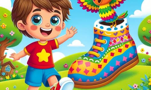 Um menino de 4 anos, chamado Pedro, com cabelos castanhos bagunçados e olhos brilhantes de curiosidade, está em pé em um jardim ensolarado, com um grande sorriso no rosto. Ele veste uma camiseta vermelha com estrelas amarelas e um short azul, pulando de alegria diante de um sapato gigante colorido, com padrões vibrantes e olhos amigáveis. Ao lado dele, um pássaro chamado Capitão Piu-Piu, com um chapéu de pirata e penas coloridas, voa alegremente, apontando para sua casa de chocolate. O jardim está cheio de flores vibrantes e árvores verdes, sob um céu azul claro com nuvens fofas. A cena principal mostra Pedro e o sapato gigante voando juntos em direção à terra dos biscoitos voadores, cercados por biscoitos coloridos que flutuam ao redor, criando uma atmosfera alegre e mágica.